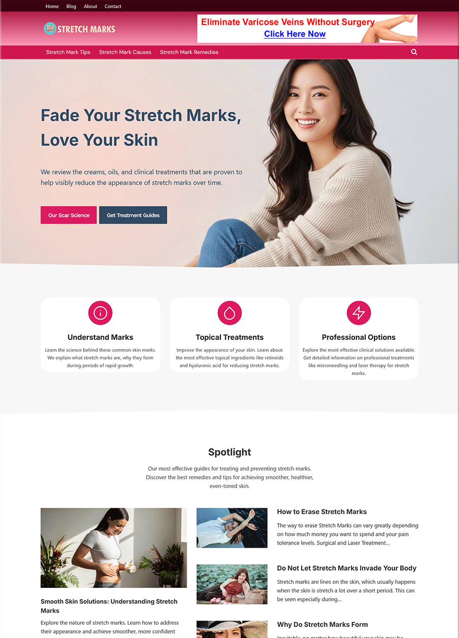 Screenshot of a done-for-you website for restorative stretch mark cream.