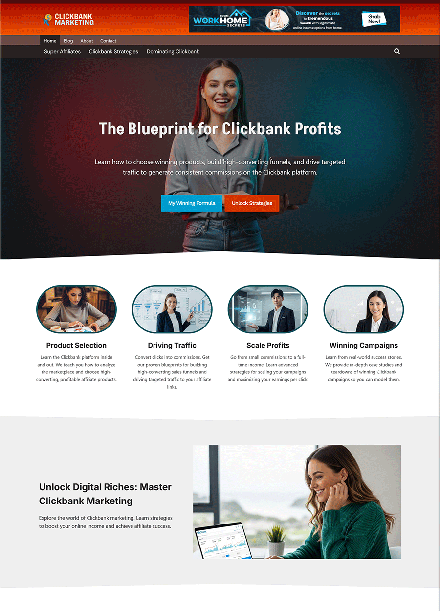 Screenshot of a profit-focused website for Clickbank marketing.