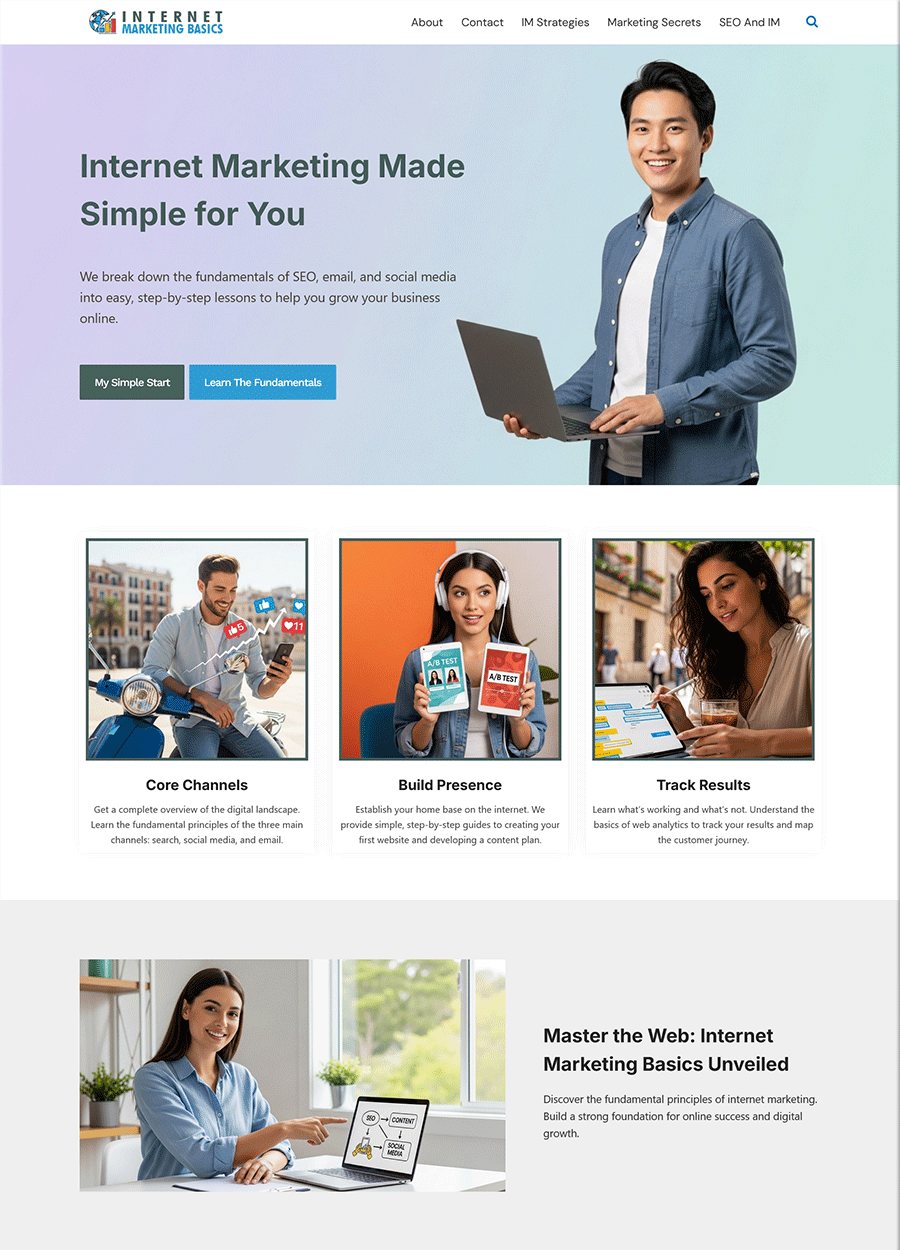 Internet Marketing Basics Website Template Screenshot of a comprehensive website for internet marketing basics.