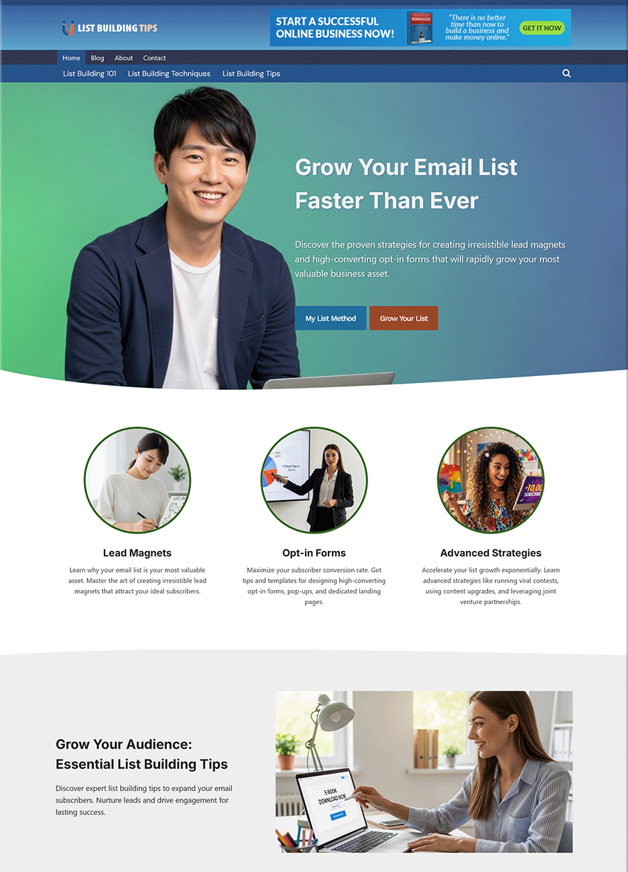 High-Growth List Building Website Template Screenshot of a high-growth list building tips website template.