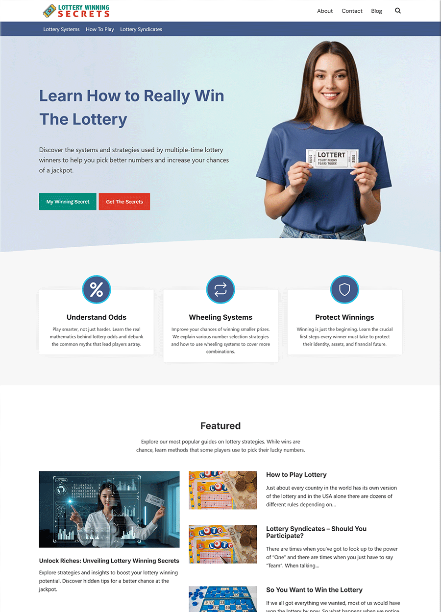 Screenshot of a turnkey website for lottery winning secrets.