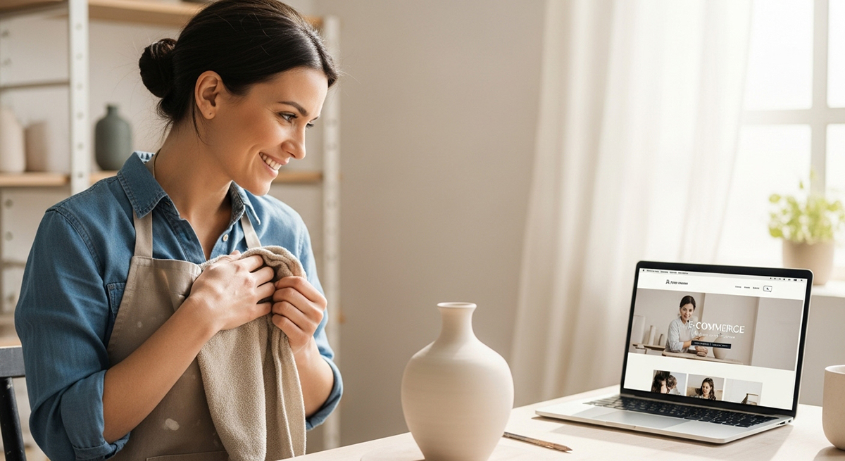 A bright, photorealistic photograph of a confident female potter in her beautiful, sunlit studio