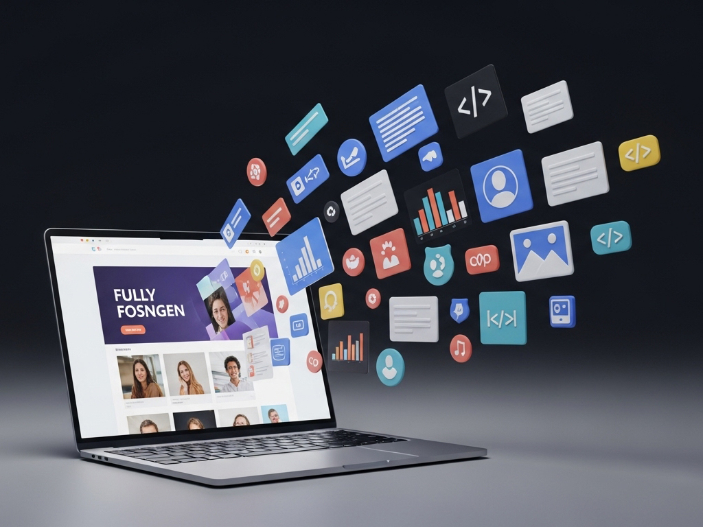 A dynamic and modern 3D illustration of a sleek, open laptop on a clean, dark background